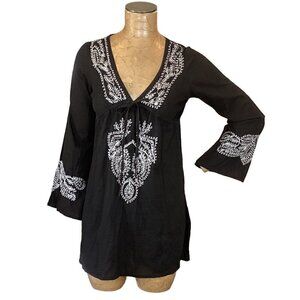 Raviya Tunic/CoverUp/Mini Dress Black Cotton Silver Embroidered Pattern S #183N